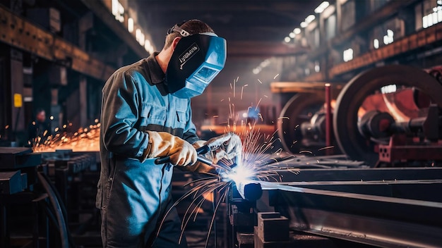 a man in a blue suit is working on a metal piece with a hammer in his hand