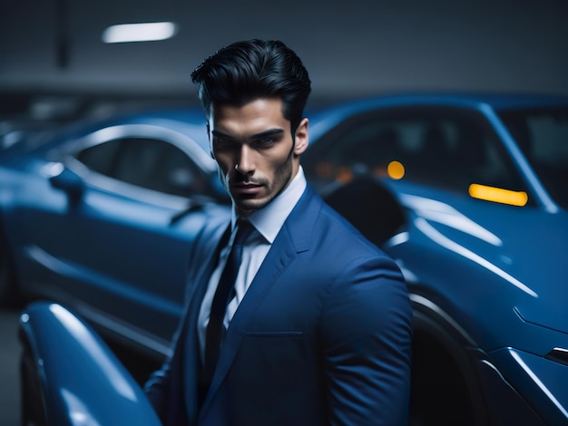 A man in a blue suit stands in front of a blue car.