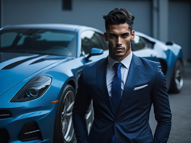 A man in a blue suit stands in front of a blue sports car.