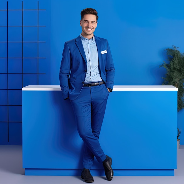 a man in a blue suit stands in front of a blue wall