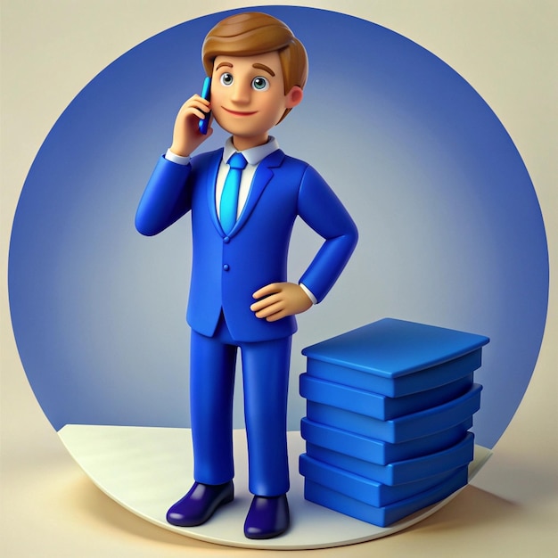 Photo a man in a blue suit talks on a phone with a stack of books