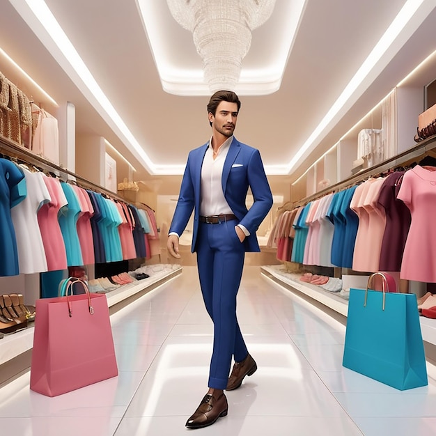 a man in a blue suit walks in a store with a bag that says  dont walk