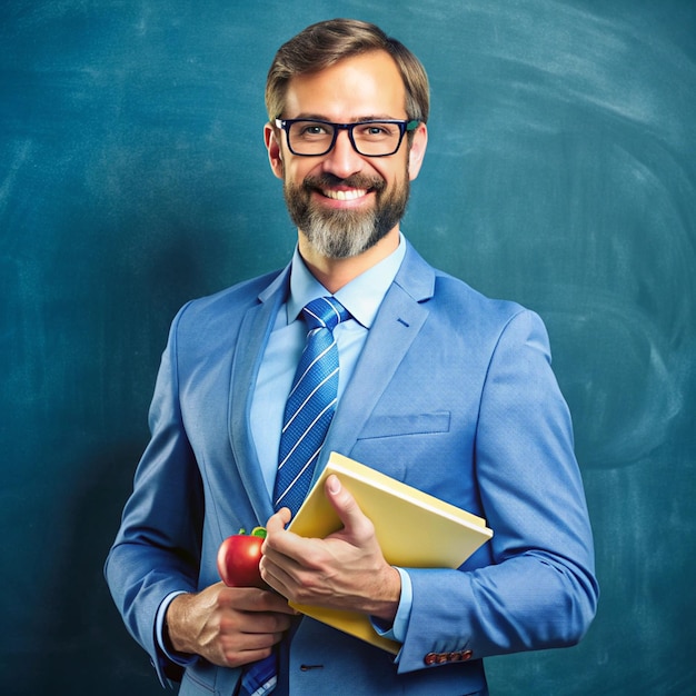 Photo a man in a blue suit with a book in his hand