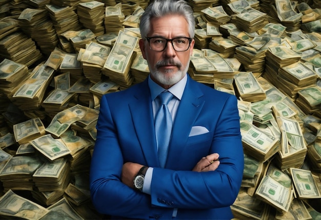 a man in a blue suit with a bunch of money in front of him