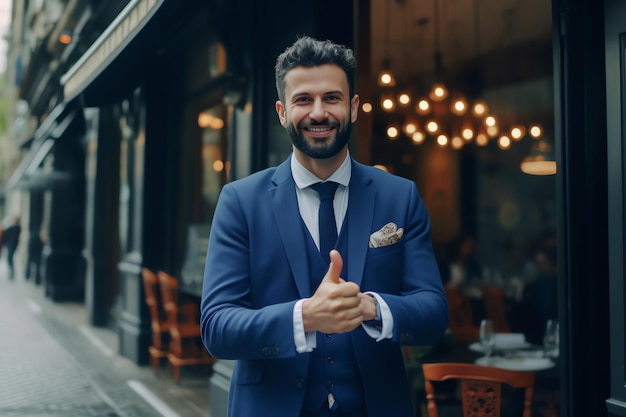 A man in a blue suit with a thumbs up in front of a restaurant.