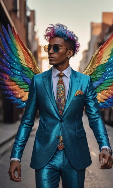 a man in a blue suit with wings and wings