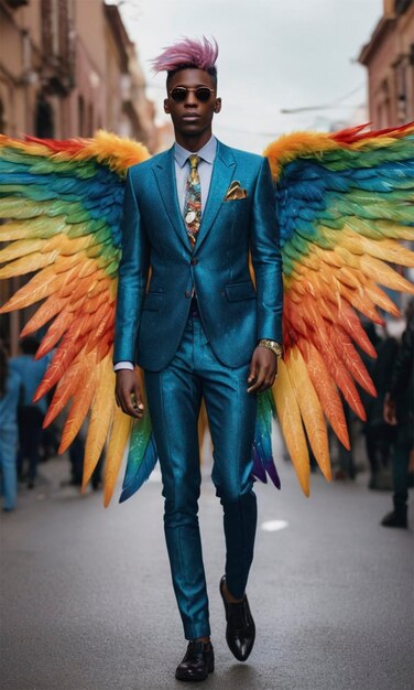 a man in a blue suit with wings