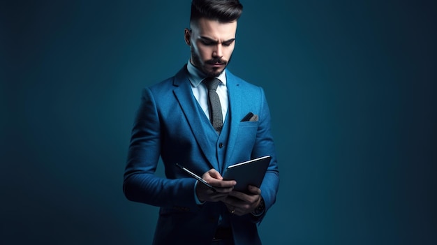 Man in a blue suit writing in a notebook