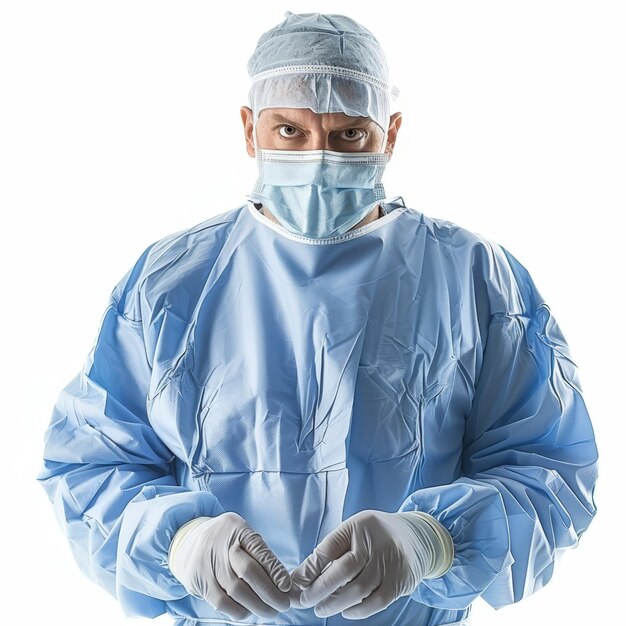 a man in a blue surgical gown and mask holding a pair of gloves