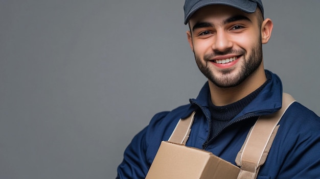 a man in a blue uniform holds a box that says quot hes holding it quot