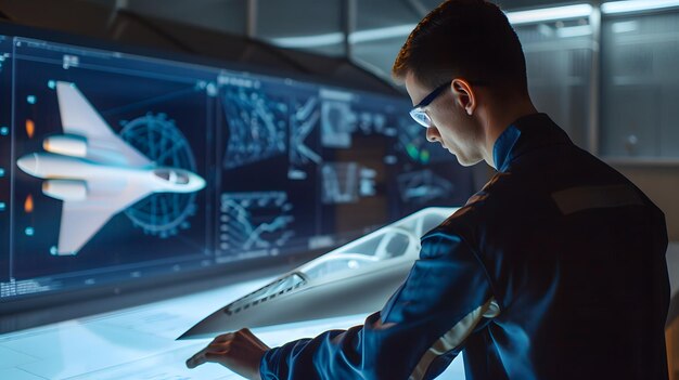 Photo a man in a blue uniform holds a model of a rocket