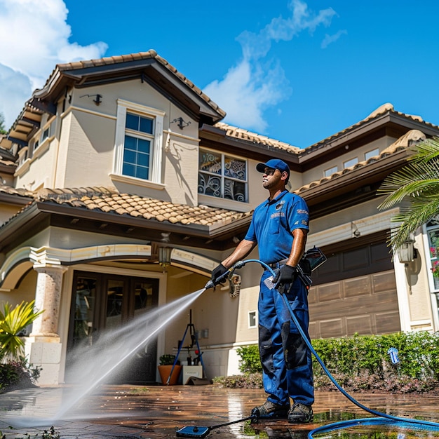 a man in blue uniform is spraying a garden hose with a hose