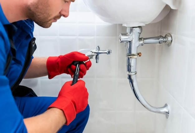 a man in a blue uniform is using a faucet to remove the faucet