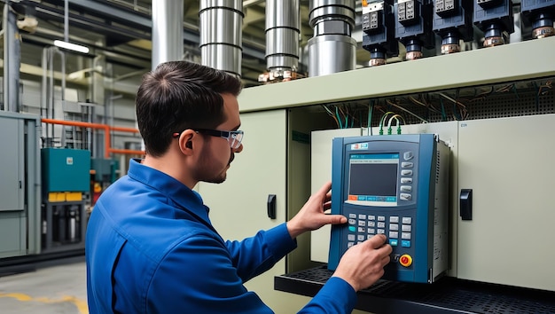 Photo a man in a blue uniform is using a machine that says  no