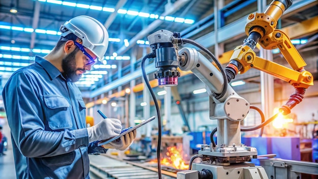 a man in a blue uniform is using a machine with a robot on it