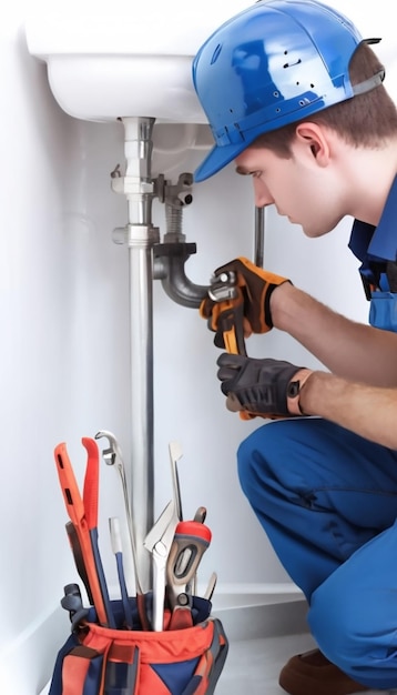 a man in blue uniform is working on a pipe with a pair of orange wrenches