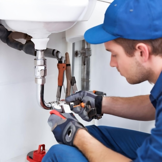 a man in blue uniform is working under a sink with a wrench