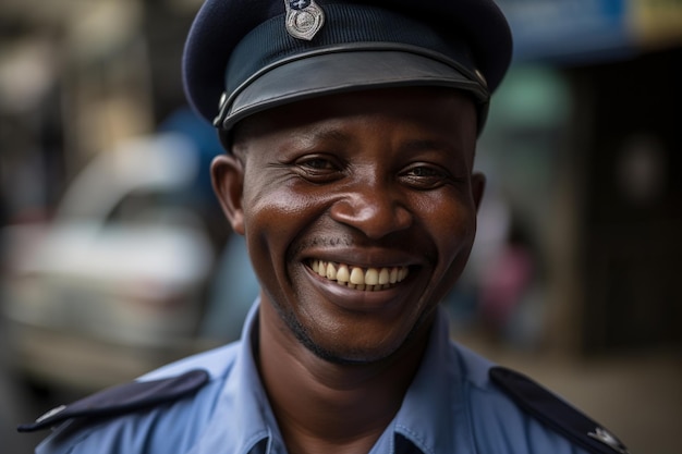 A man in a blue uniform smiles at the camera.