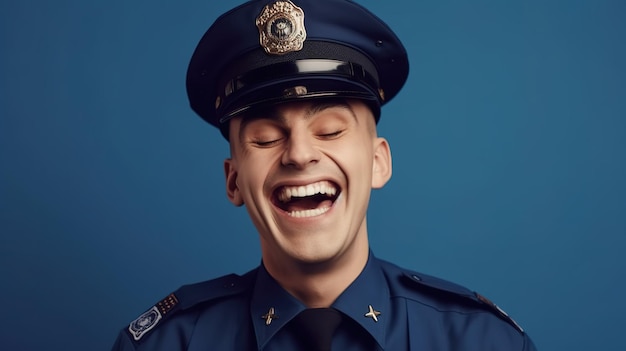 A man in a blue uniform smiles and laughs with his eyes closed.