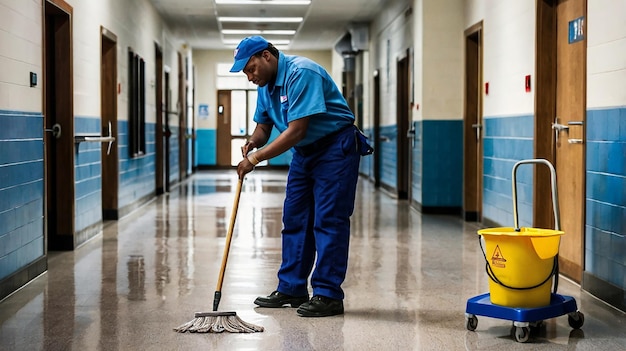 a man in a blue uniform with a broom in his hand