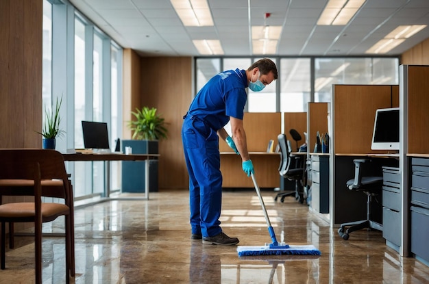 a man in a blue uniform with a dustbin on his head is cleaning the floor