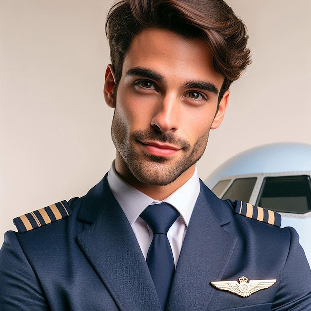 Photo a man in a blue uniform with a plane behind him