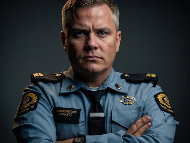 a man in a blue uniform with the words  police  on the front