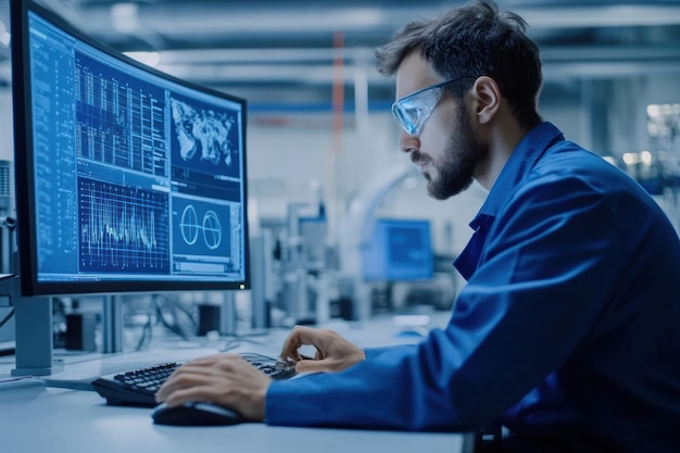 Man in Blue Uniform Works on Computer with Data Visualization