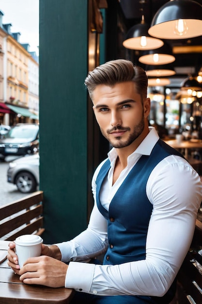 Photo a man in a blue vest sits outside a cafe with a coffee cup in front of him