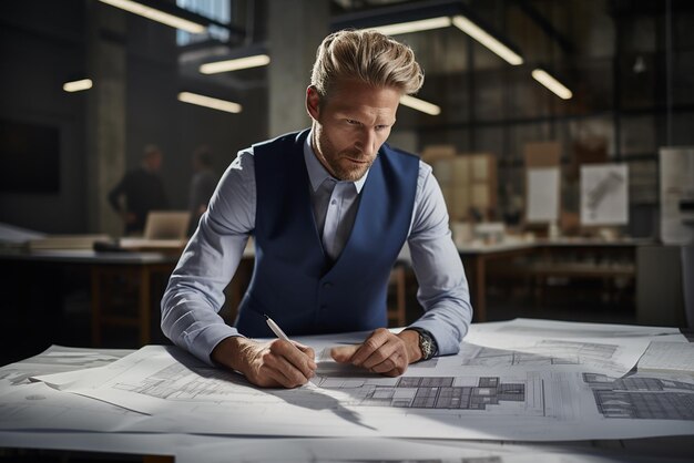 a man in a blue vest sits at a table with a paper with a building in the background