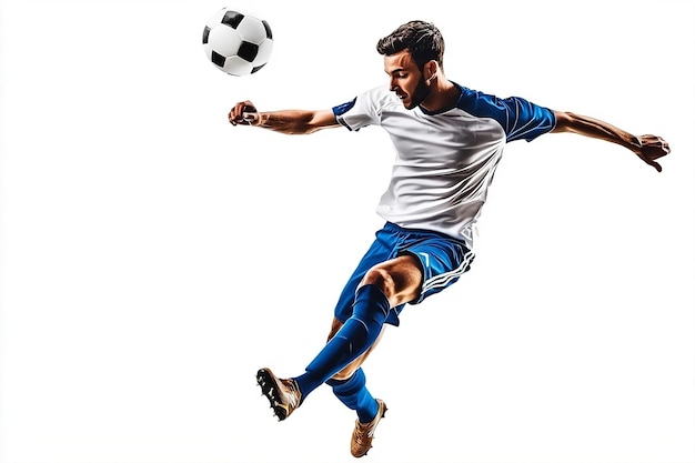 a man in a blue and white shirt is kicking a soccer ball