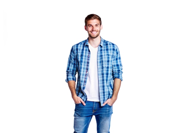 Photo a man in a blue and white shirt stands in front of a white background