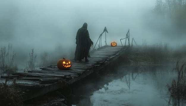 Photo a man on a boardwalk with pumpkins on it