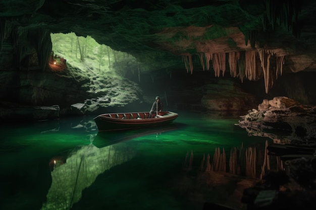 A man in a boat in a cave with a green light on the ceiling.