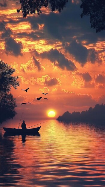 a man in a boat is fishing in the sunset