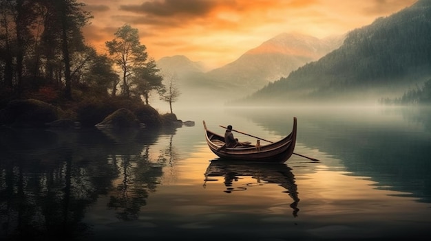 A man in a boat is rowing on a lake with mountains in the background.