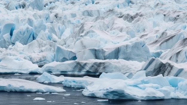 A man in a boat is standing in the water with icebergs in the background.