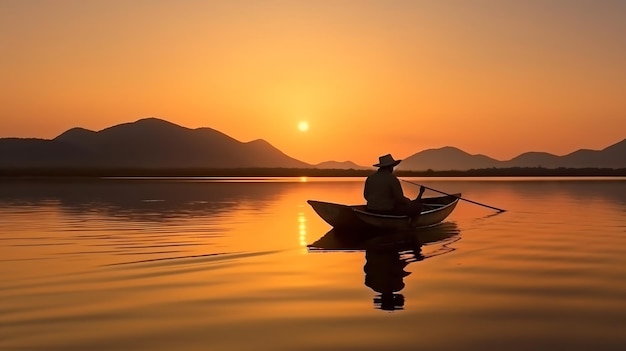 A man in a boat on a lake at sunset