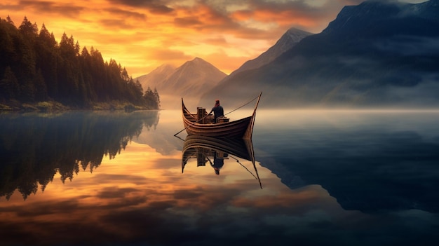 A man in a boat on a lake with mountains in the background