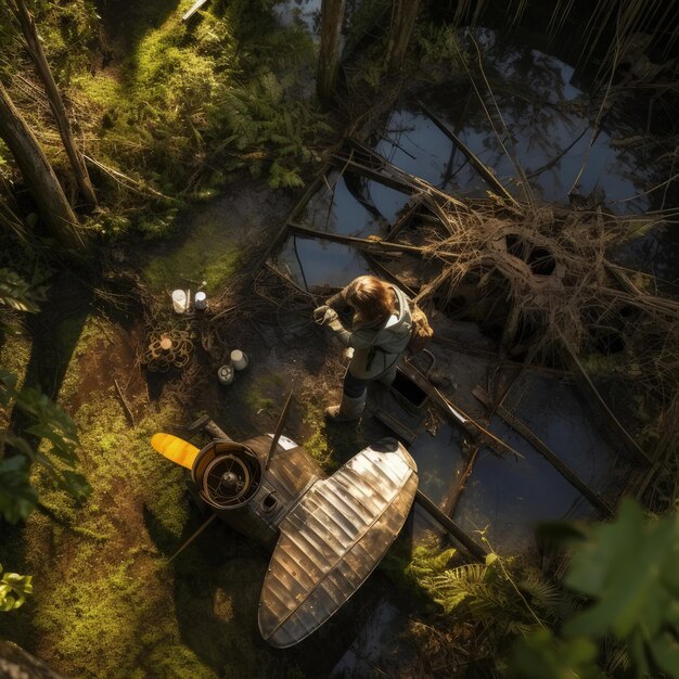 Photo a man in a boat in a swamp captured beautifully