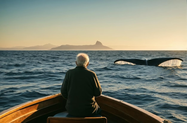 Man in a boat watching a whales tail agains a sunset