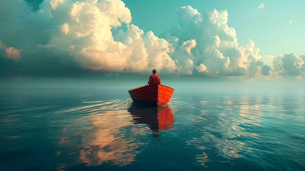 Photo a man in a boat in the water with clouds and a reflection of the sky