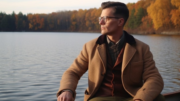 A man in a boat wearing glasses and a brown jacket