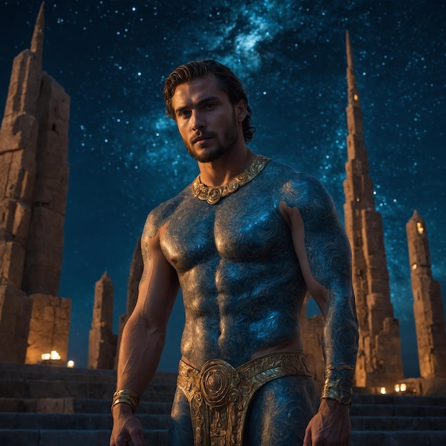 Photo a man in a body suit stands in front of a temple