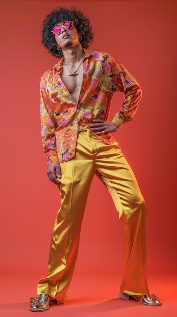 Photo a man in a bold floral shirt and wideleg pants poses confidently