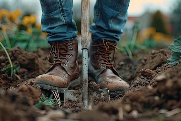 Man boot or shoe on spade prepare for digging Farmer digs soil with shovel in garden