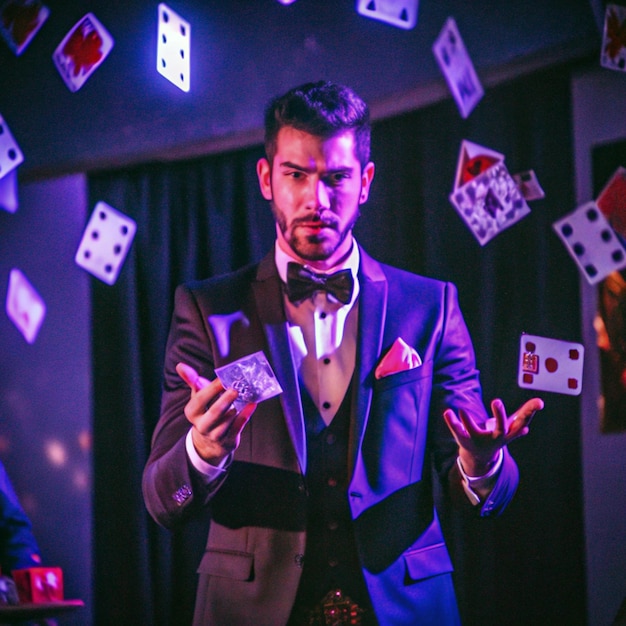 Photo a man in a bow tie holds cards and cards