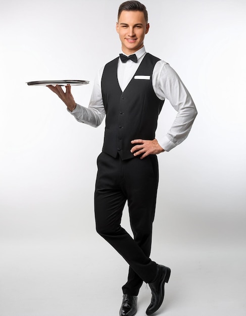 Photo a man in a bow tie holds a tray of food