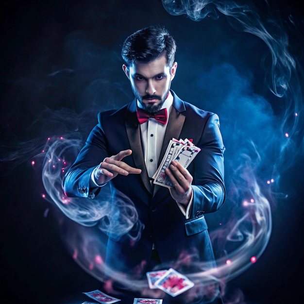 a man in a bow tie is playing cards with a man in a suit