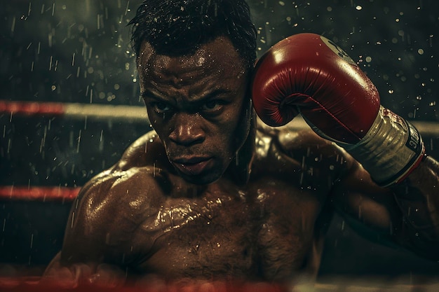 A man in a boxing ring with a red glove on his left